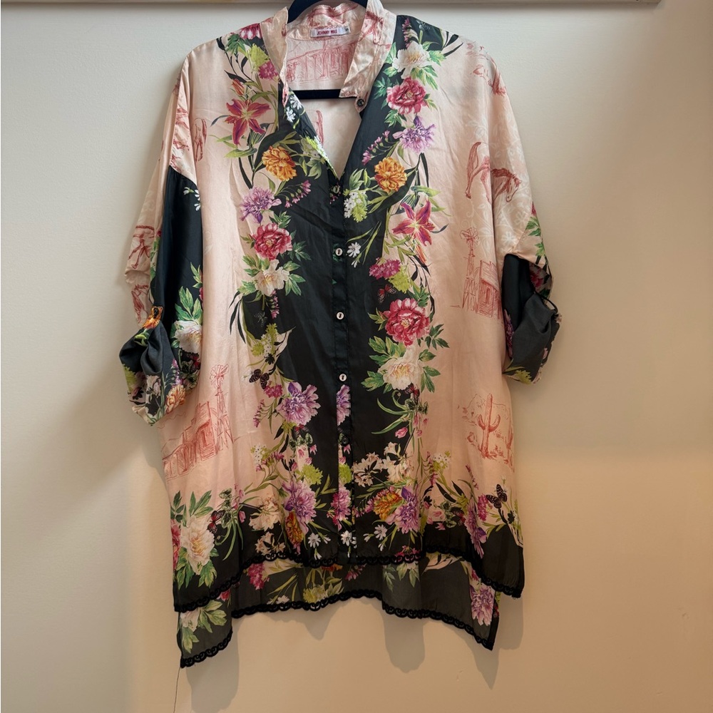 Johnny Was Floral Black and Pink Top